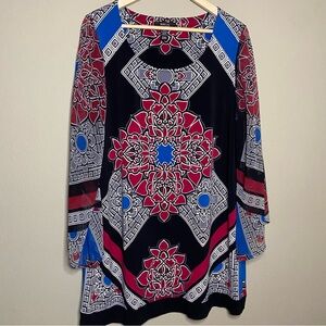Style & Co. Tunic Blouse 0X Black Red Print Sheer Bell Sleeve Work Attire